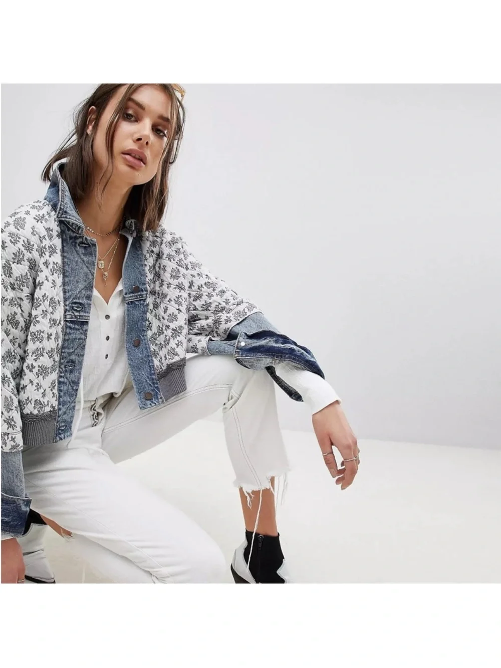 Free People Ditsy Denim Jacket Denim Combo size XS/S - Picture 3 of 11